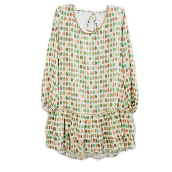 Skemo dotted mini fringe long sleeve open back ruffle dress size medium - Picture 1 of 13